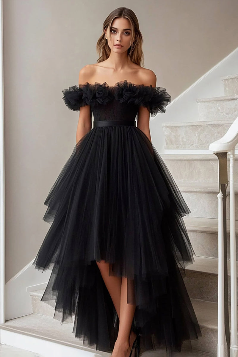 Load image into Gallery viewer, Black Off the Shoulder A Line High-Low Formal Dress