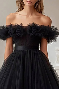 Black Off the Shoulder A Line High-Low Formal Dress