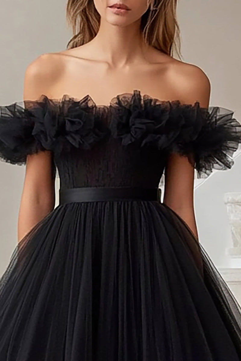 Load image into Gallery viewer, Black Off the Shoulder A Line High-Low Formal Dress