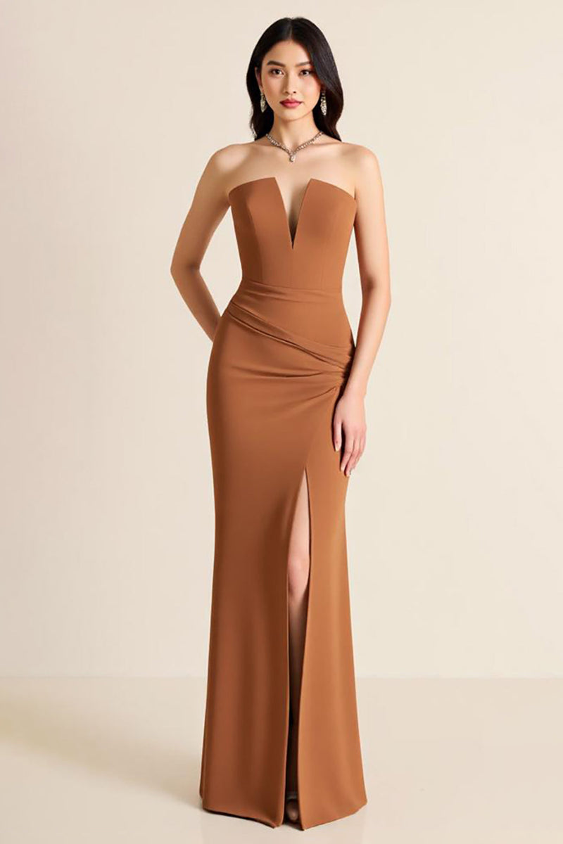 Load image into Gallery viewer, Brown Sheath V Neck Long Formal Dress with Slit