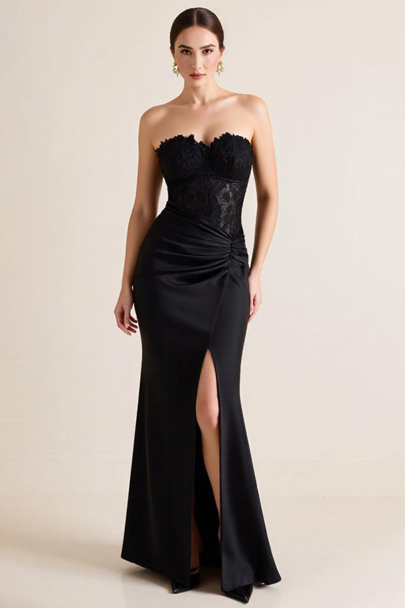 Load image into Gallery viewer, Black Strapless Appliqued Sheath Long Formal Dress with Slit