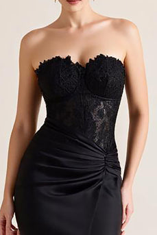 Black Strapless Appliqued Sheath Long Formal Dress with Slit
