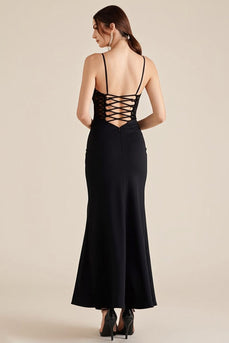 Black Spaghetti Straps Ruched Sheath Formal Dress with Slit