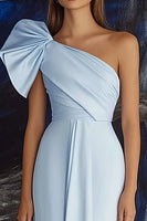 Load image into Gallery viewer, Sky Blue Ruched Satin Sheath One Shoulder Formal Dress with Bow