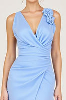 Load image into Gallery viewer, Sky Blue V-Neck Ruched Sheath Formal Dress with Slit