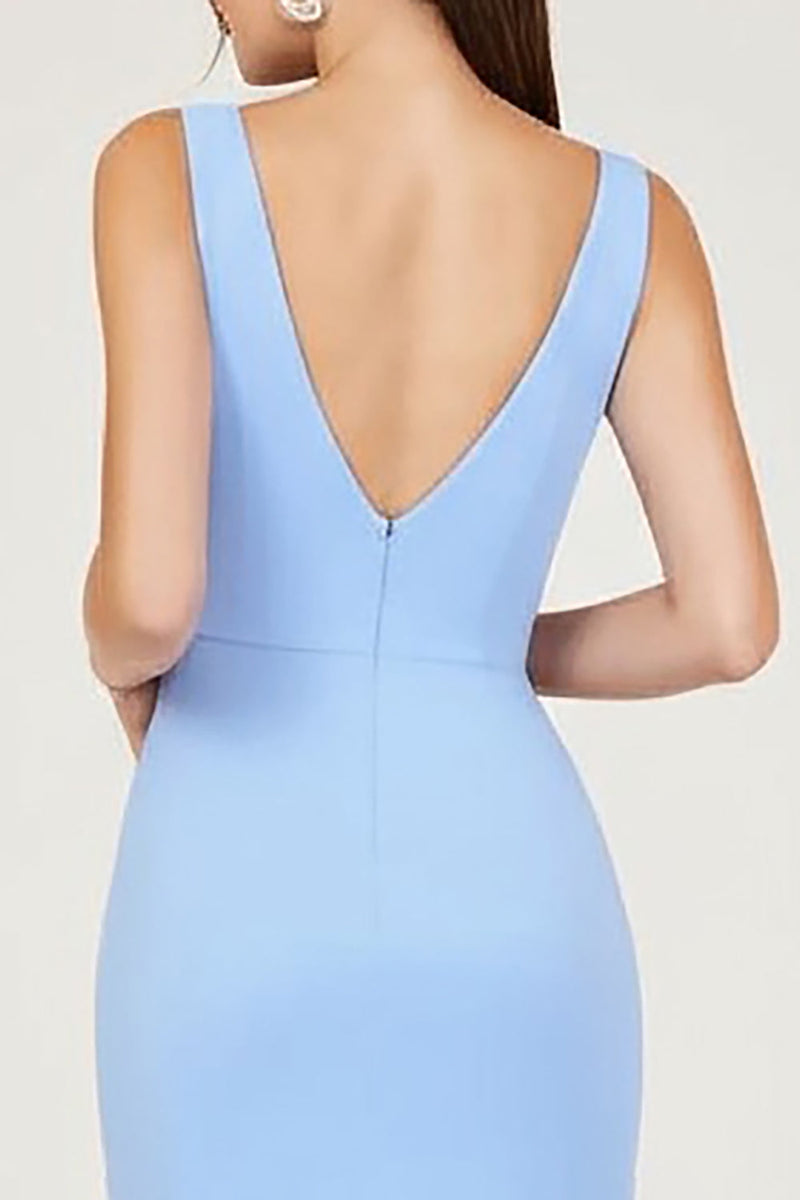 Load image into Gallery viewer, Sky Blue V-Neck Ruched Sheath Formal Dress with Slit
