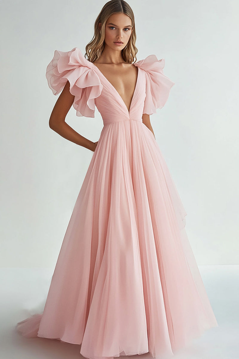 Load image into Gallery viewer, Pink V Neck A line Chiffon Long Formal Dress with Ruffles