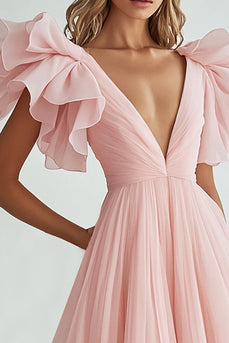 Pink V Neck A line Chiffon Long Formal Dress with Ruffles