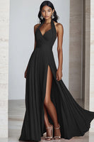 Load image into Gallery viewer, Black Halter Neck Pleated A Line Formal Dress with Slit