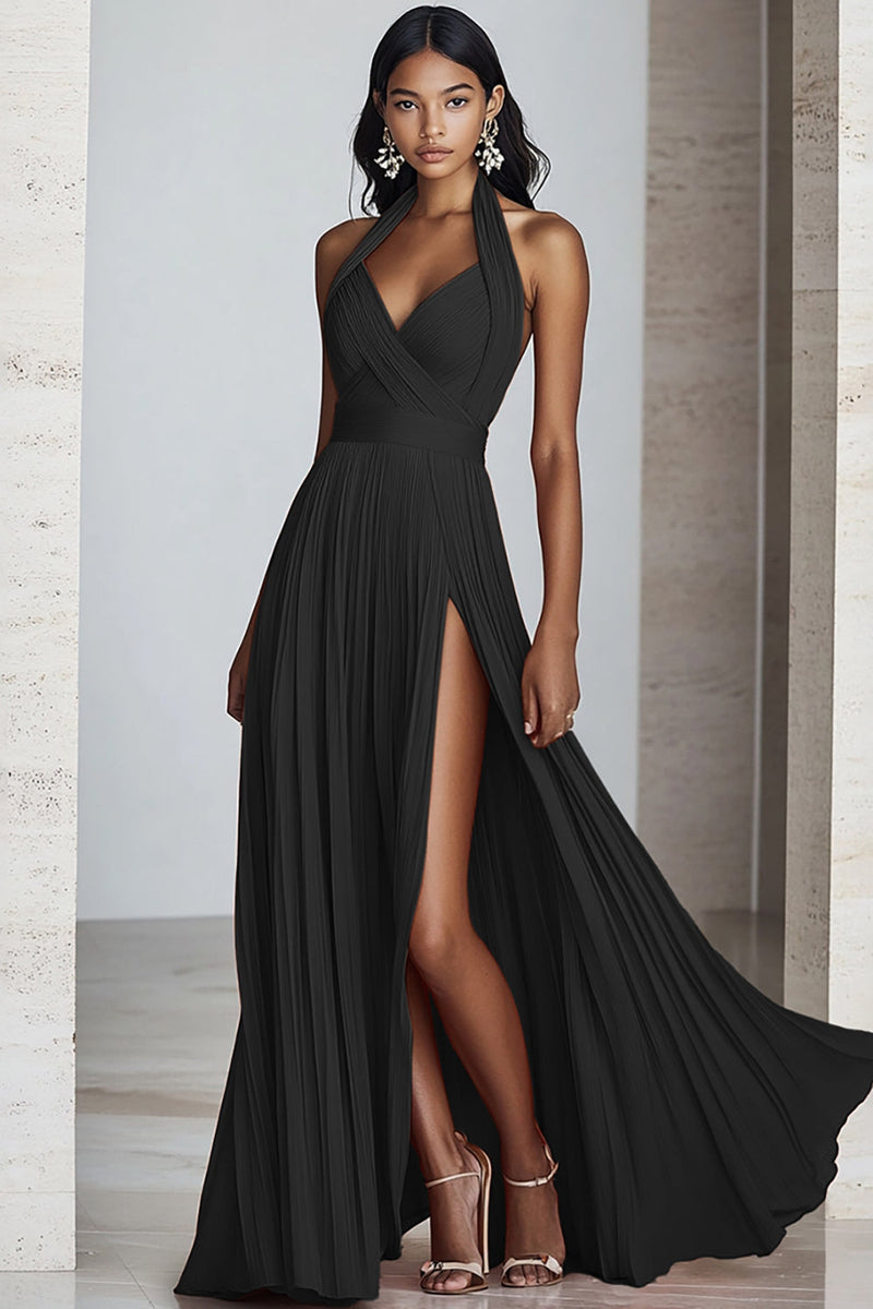 Load image into Gallery viewer, Black Halter Neck Pleated A Line Formal Dress with Slit