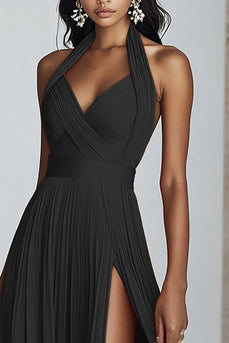 Black Halter Neck Pleated A Line Formal Dress with Slit
