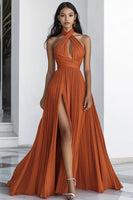 Load image into Gallery viewer, Orange A Line Chiffon Halter Neck Pleated Formal Dress with Slit