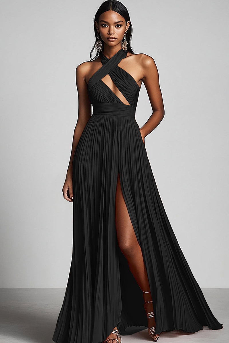 Load image into Gallery viewer, Black A Line Pleated Halter Neck Formal Dress with Slit