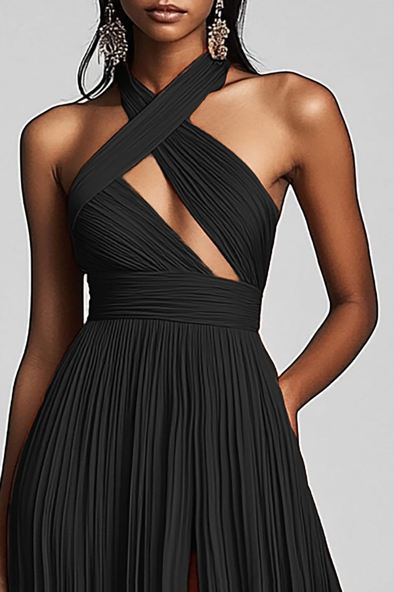 Load image into Gallery viewer, Black A Line Pleated Halter Neck Formal Dress with Slit