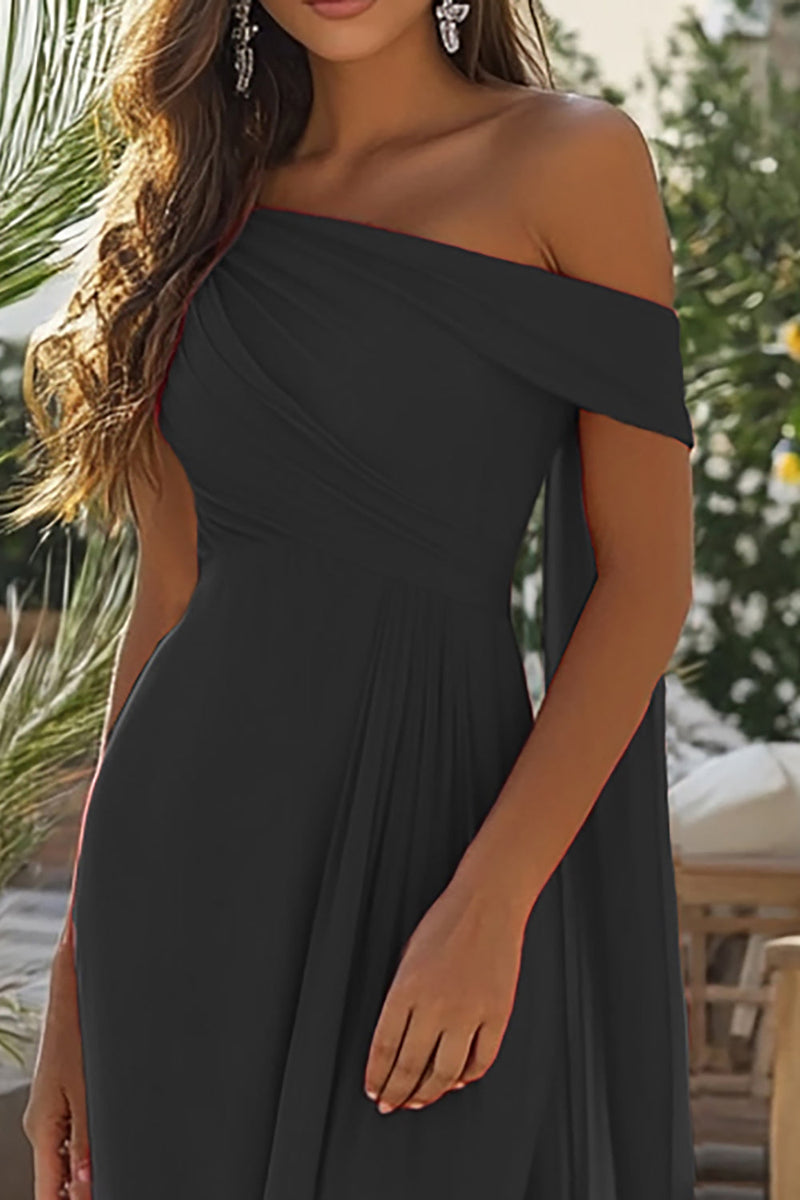 Load image into Gallery viewer, Black Chiffon Sheath Off the Shoulder Long Formal Dress