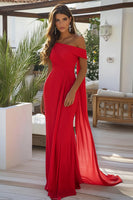 Load image into Gallery viewer, Black Chiffon Sheath Off the Shoulder Long Formal Dress