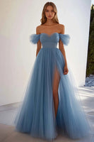 Load image into Gallery viewer, Grey Blue Off the Shoulder A Line Long Formal Dress with Slit