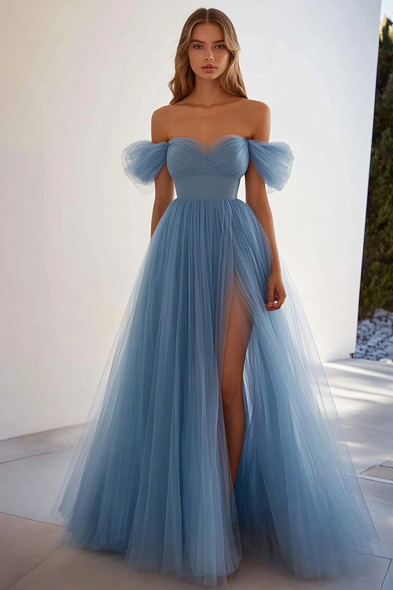 Load image into Gallery viewer, Grey Blue Off the Shoulder A Line Long Formal Dress with Slit