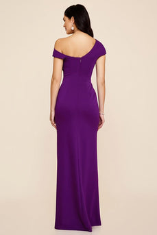 Plum Ruched Satin Sheath Asymmetrical Long Formal Dress