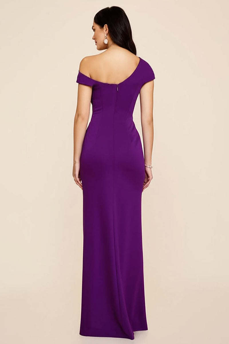 Load image into Gallery viewer, Plum Ruched Satin Sheath Asymmetrical Long Formal Dress