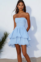 Load image into Gallery viewer, Sky Blue Chiffon Ruched Short Party Dress with Ruffles