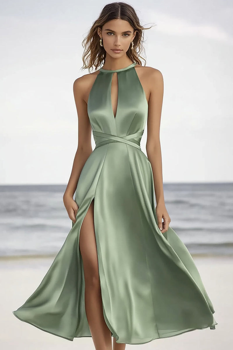 Load image into Gallery viewer, Dusty Sage Satin High Neck Semi Formal Dress with Slit