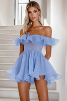 Load image into Gallery viewer, Blue Organza Off the Shoulder Short Graduation Dress with Ruffles