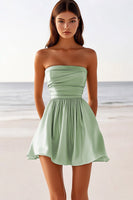 Load image into Gallery viewer, Sage Green Satin Strapless Short Graduation Dress