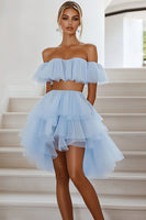 Load image into Gallery viewer, Sky Blue Two Pieces Tulle Short Graduation Dress with Ruffles