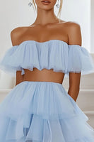 Load image into Gallery viewer, Sky Blue Two Pieces Tulle Short Graduation Dress with Ruffles