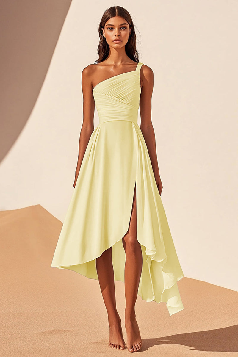 Load image into Gallery viewer, Daffodil Chiffon A Line Ruched Midi Graduation Dress with Slit