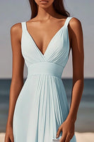Load image into Gallery viewer, Sky Blue Chiffon Ruched V Neck Asymmetrical Short Graduation Dress