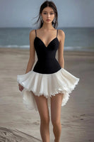 Load image into Gallery viewer, Black and White Chiffon Asymmetrical Short Graduation Dress with Ruffles