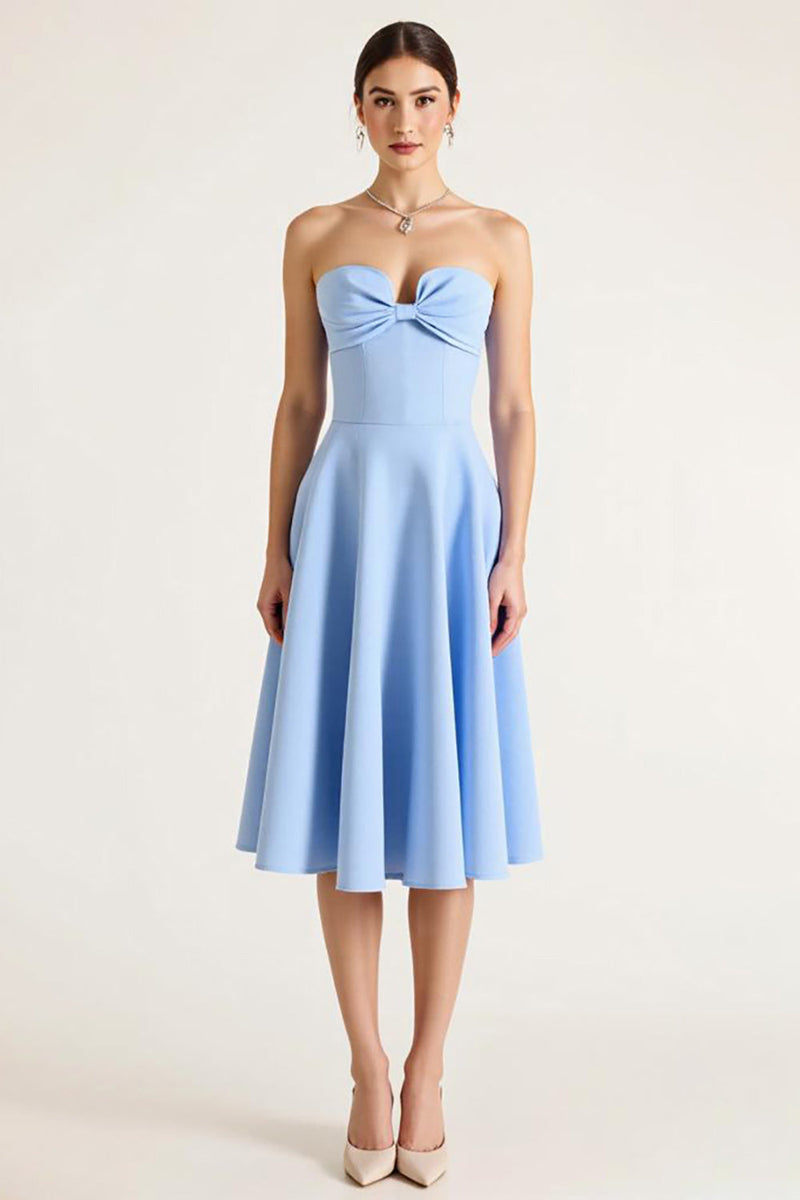 Queendancer Women Sky Blue Satin Midi Graduation Dress with Bow Strapless A  Line Cocktail Dress – queendanceruk