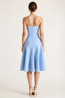 Sky Blue A Line Satin Midi Graduation Dress with Bow