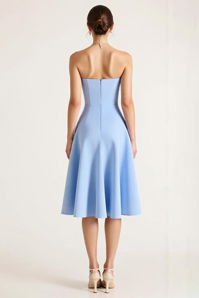 Load image into Gallery viewer, Sky Blue A Line Satin Midi Graduation Dress with Bow