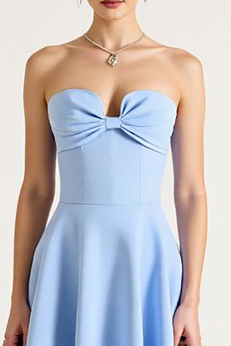 Queendancer Women Sky Blue Satin Midi Graduation Dress with Bow Strapless A  Line Cocktail Dress – queendanceruk
