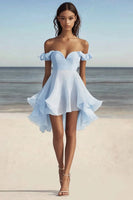 Load image into Gallery viewer, Sky Blue Chiffon Ruched A Line Short Graduation Dress with Ruffles
