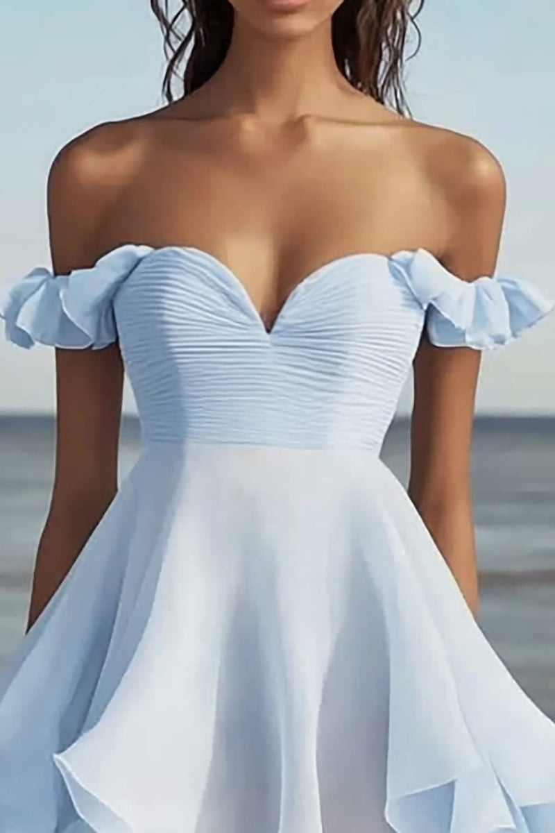 Load image into Gallery viewer, Sky Blue Chiffon Ruched A Line Short Graduation Dress with Ruffles