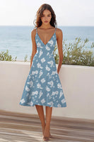 Load image into Gallery viewer, Blue White Flower A Line Spaghetti Straps Midi Boho Summer Dress