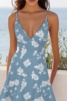 Load image into Gallery viewer, Blue White Flower A Line Spaghetti Straps Midi Boho Summer Dress