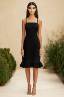 Load image into Gallery viewer, Black Satin Midi Bodycon Formal Dress with Ruffles