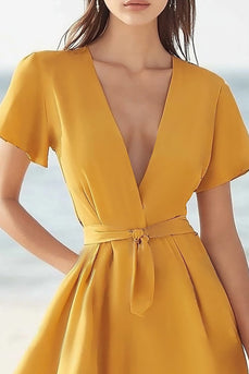 Yellow Satin V Neck Short A Line Cocktail Dress with Sash