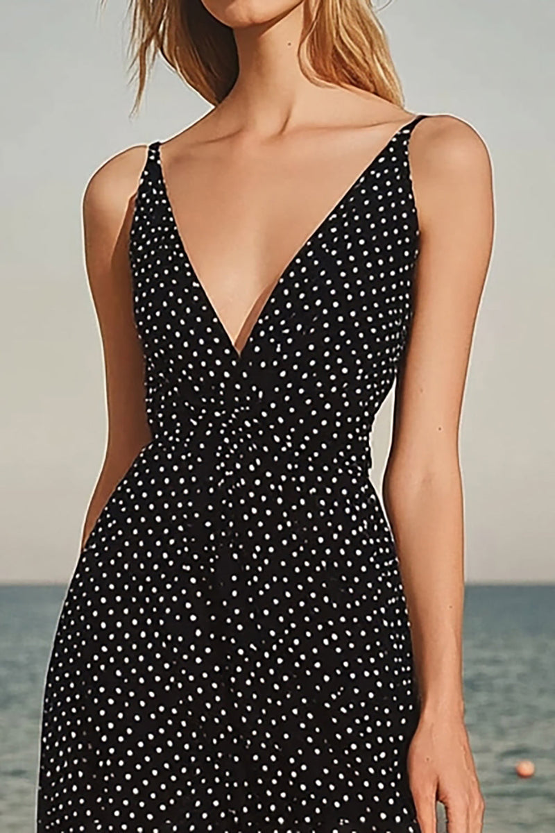 Load image into Gallery viewer, Black White Dots Chiffon V Neck A Line Boho Maxi Dress