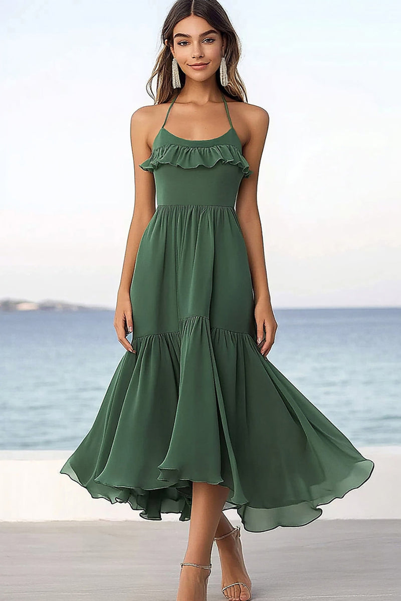 Load image into Gallery viewer, Eucalyptus Chiffon Halter A Line Boho Maxi Dress with Ruffles