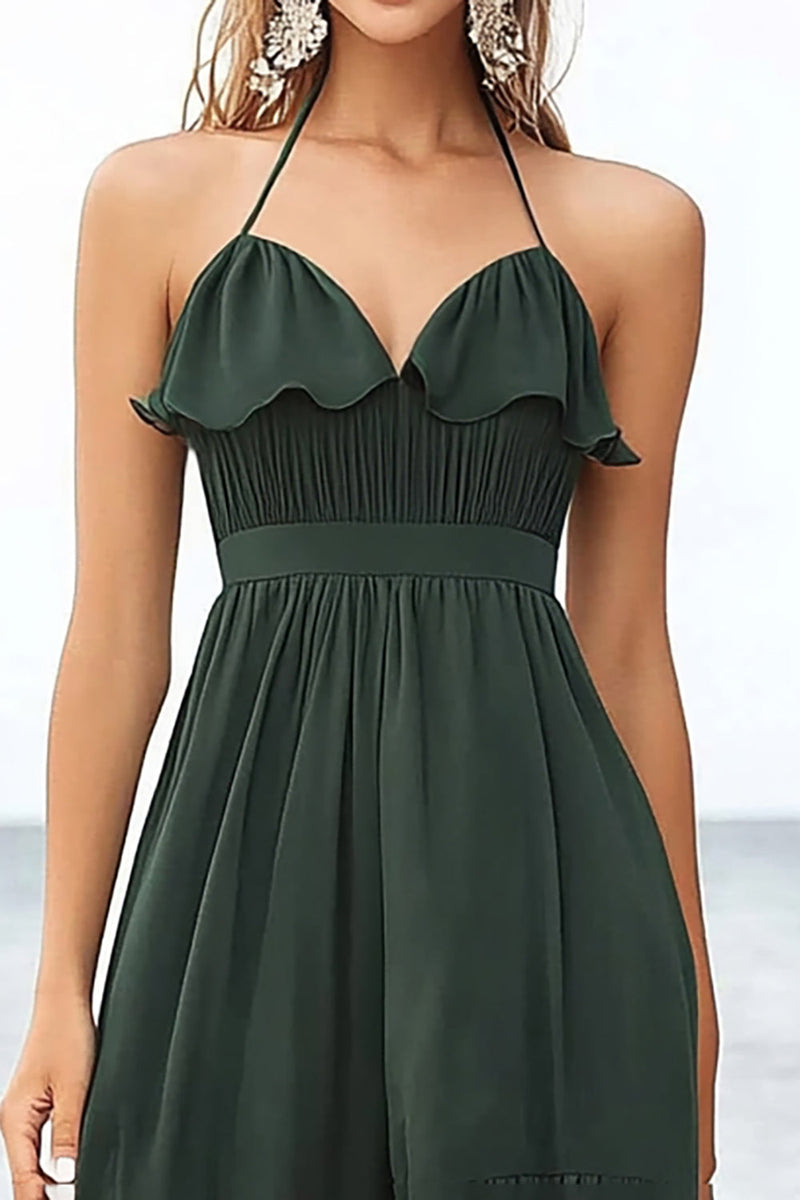 Load image into Gallery viewer, Dark Green Chiffon Halter A Line Boho Maxi Dress with Ruffles