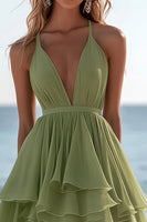 Load image into Gallery viewer, Green Chiffon V Neck A Line Boho Dress with Ruffles