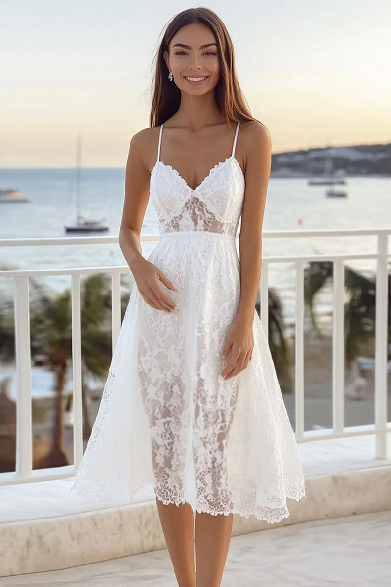 Load image into Gallery viewer, White Lace A Line Spaghetti Straps Midi Graduation Dress