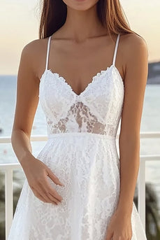White Lace A Line Spaghetti Straps Midi Graduation Dress