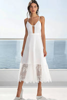 Load image into Gallery viewer, White Satin A Line Midi Graduation Dress with Lace
